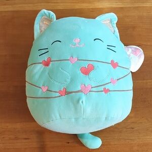NWT Squishmallows Aqua Cat with Pink Hearts